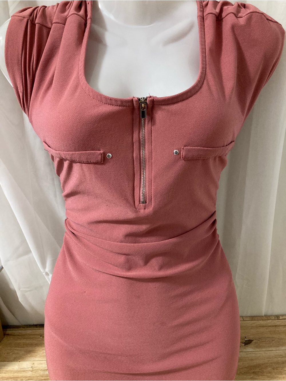 Lily Morgan Dusty Rose Bodycon Mini Dress Zip Front Puff Sleeve L